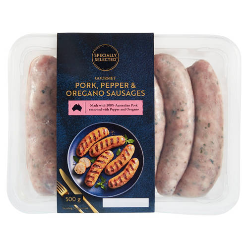 Pork, Pepper and Oregano Gourmet Sausages 500g Product Image Front shot 01